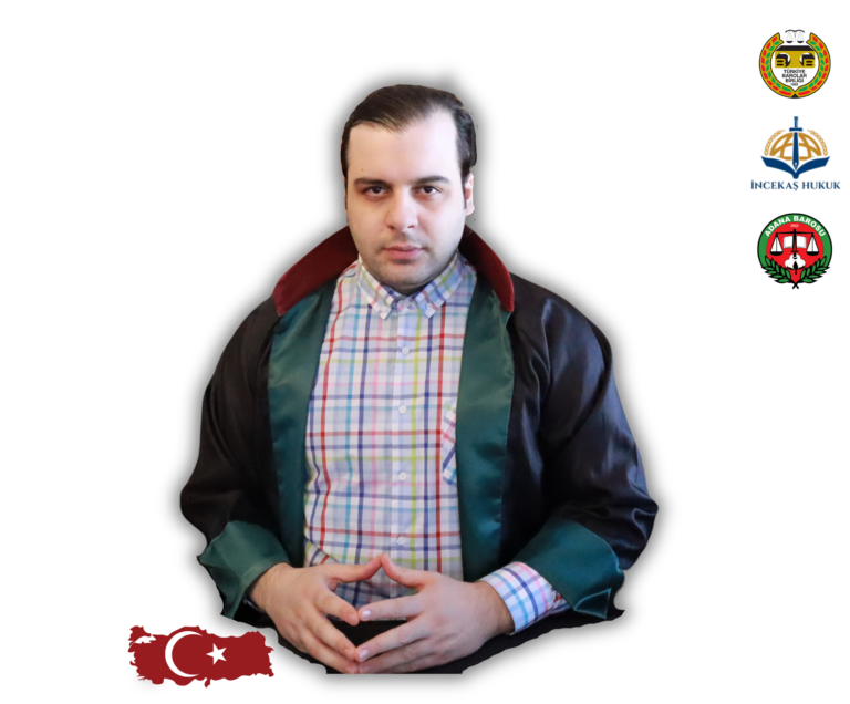Avukat Saim İncekaş’ın avukat cübbeli portresi; Adana Barosu, Türkiye Barolar Birliği ve büro logoları