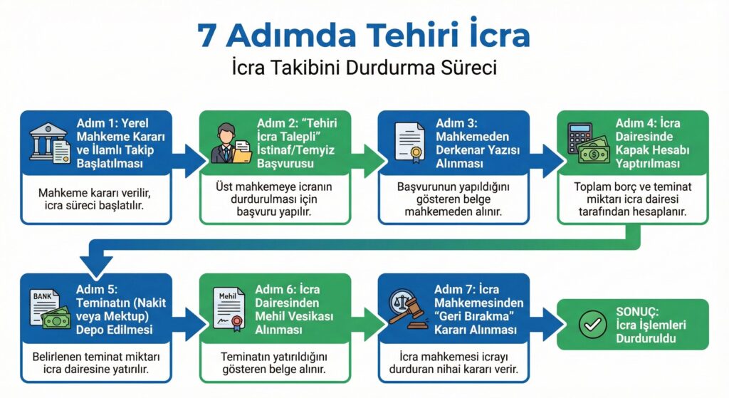 "7 Adımda Tehiri İcra - İcra Takibini Durdurma Süreci" başlıklı infografik. Yedi adımlı süreç ok işaretleriyle sıralı olarak gösterilmektedir: Adım 1 - Yerel Mahkeme Kararı ve İlamlı Takip Başlatılması (mahkeme binası ikonu); Adım 2 - "Tehiri İcra Talepli" İstinaf/Temyiz Başvurusu (avukat ikonu); Adım 3 - Mahkemeden Derkenar Yazısı Alınması (sertifika ikonu); Adım 4 - İcra Dairesinde Kapak Hesabı Yaptırılması (hesap makinesi ve para ikonu); Adım 5 - Teminatın (Nakit veya Mektup) Depo Edilmesi (banka ikonu); Adım 6 - İcra Dairesinden Mehil Vesikası Alınması (belge ikonu); Adım 7 - İcra Mahkemesinden "Geri Bırakma" Kararı Alınması (tokmak ikonu). Sonuç olarak "İcra İşlemleri Durduruldu" ifadesi onay işaretiyle belirtilmektedir. Mavi ve yeşil renk tonlarında tasarlanmış şematik akış diyagramı.