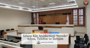 Adana Aile Mahkemelerinin duruşma salonunu gösteren görsel ve adres telefon iletişim bilgileri metni