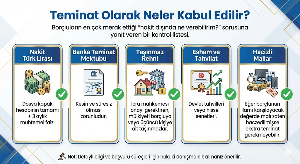 "Teminat Olarak Neler Kabul Edilir?" başlıklı infografik. Borçluların "nakit dışında ne verebilirim?" sorusuna yanıt veren beş farklı teminat türünü gösteren kontrol listesi. Birinci seçenek: Nakit Türk Lirası - dosya kapak hesabının tamamı + 3 aylık muhtemel faiz (para ikonu). İkinci seçenek: Banka Teminat Mektubu - kesin ve süresiz olması zorunlu (belge ikonu). Üçüncü seçenek: Taşınmaz Rehni - icra mahkemesi onayı gerektiren, borçluya veya üçüncü kişiye ait taşınmazlar (ev ve anahtar ikonu). Dördüncü seçenek: Esham ve Tahvilat - devlet tahvilleri veya hisse senetleri (grafik ikonu). Beşinci seçenek: Hacizli Mallar - ilamı karşılayacak değerde mal zaten haczedilmişse ekstra teminat gerekmeyebilir (araç ve eşya ikonu). Her seçeneğin yanında yeşil onay işareti bulunmaktadır. Alt kısımda "Detaylı bilgi ve başvuru süreçleri için hukuki danışmanlık almanız önerilir" notu yer almaktadır. Mavi ve altın sarısı renk tonlarında tasarlanmış bilgilendirici grafik.